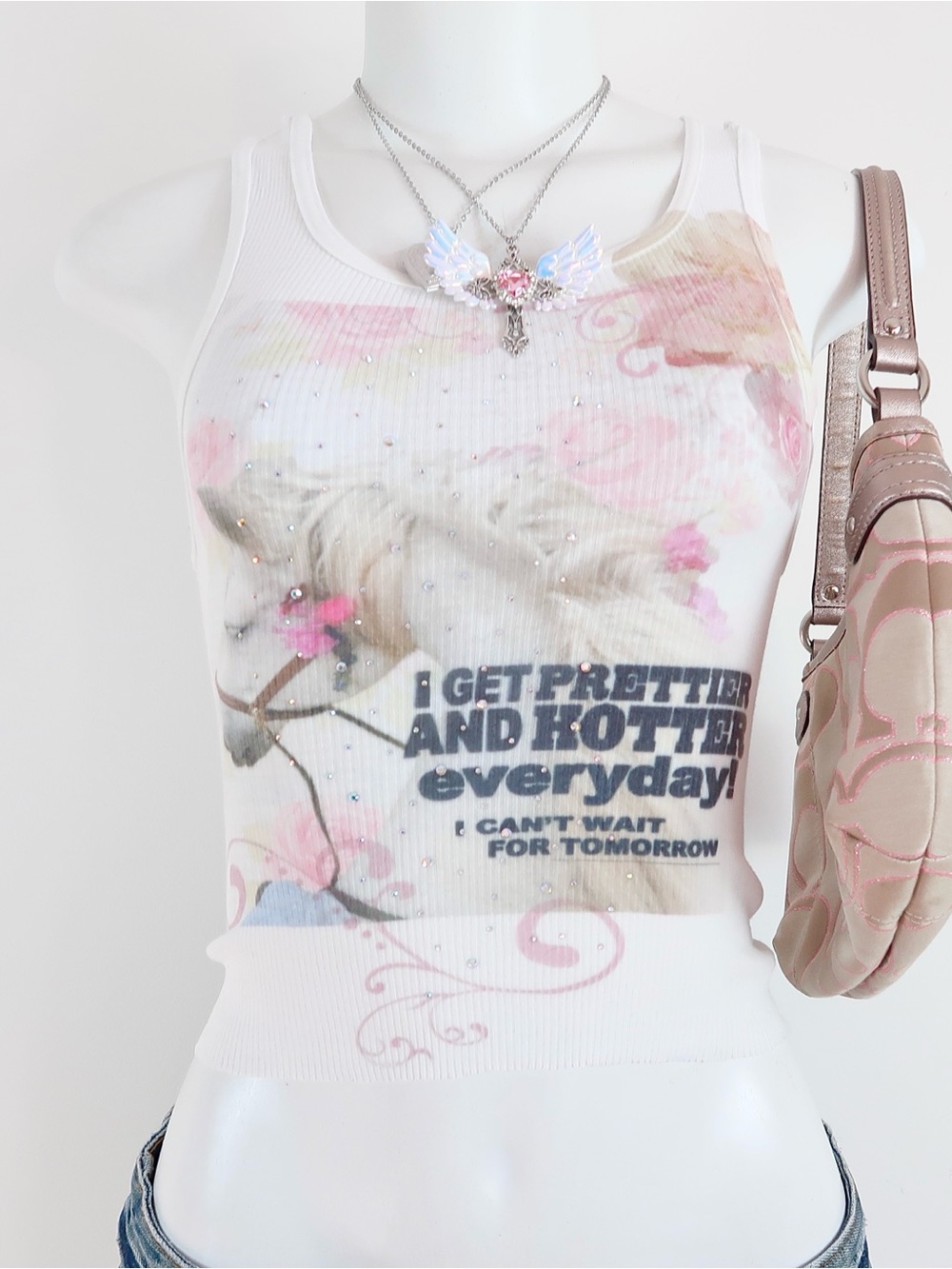 Y2k White Graphic Ribbed Tank Top with Horse and Slogan